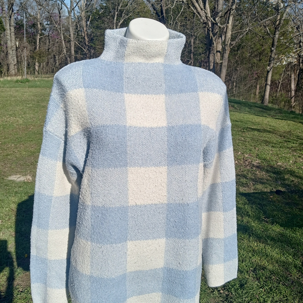 Christian Siriano Light Blue and Cream Checkered Turtleneck Sweater